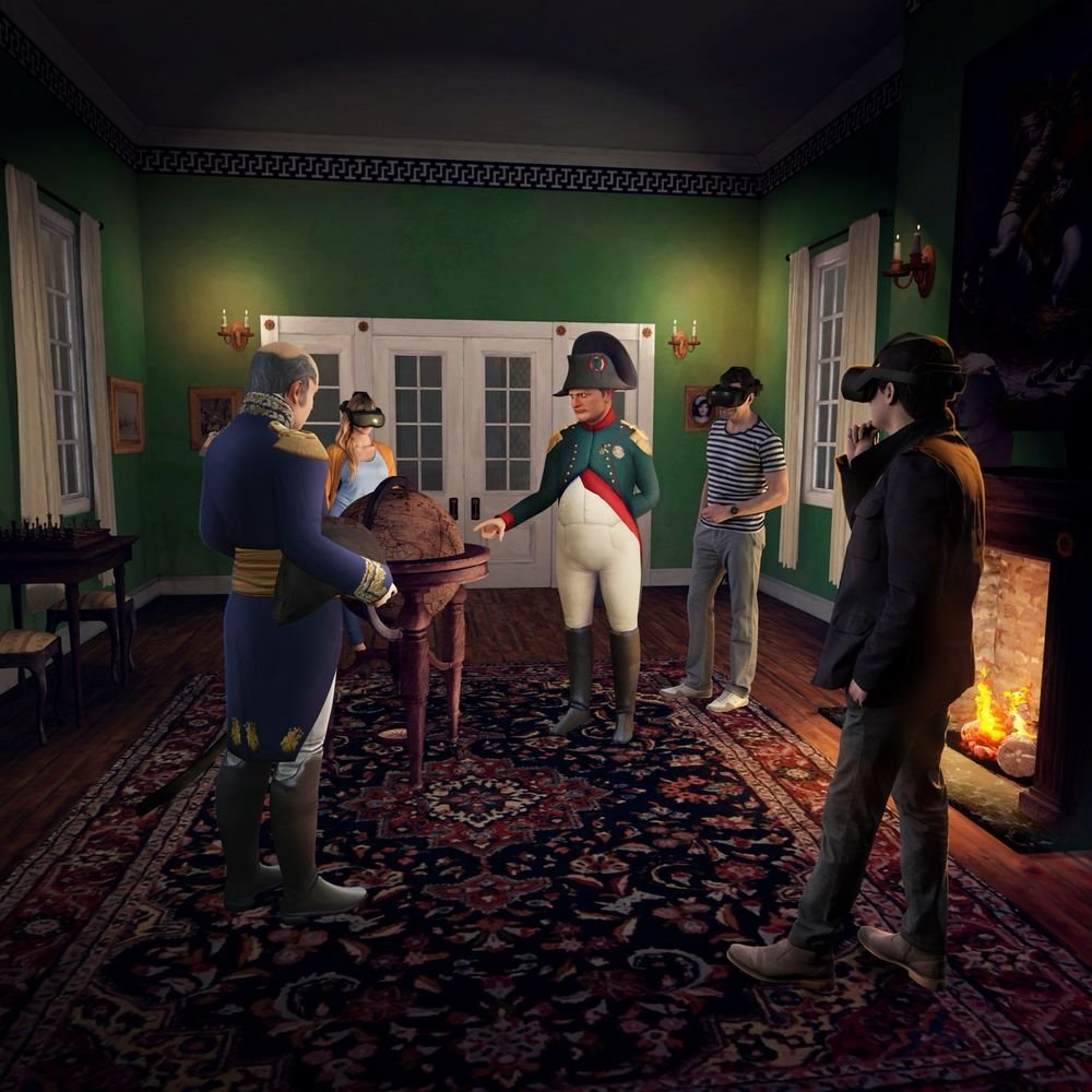 Bezoekers met VR-bril staan in de groene werkkamer van Napoleon, die bij een globe overlegt met een maarschalk